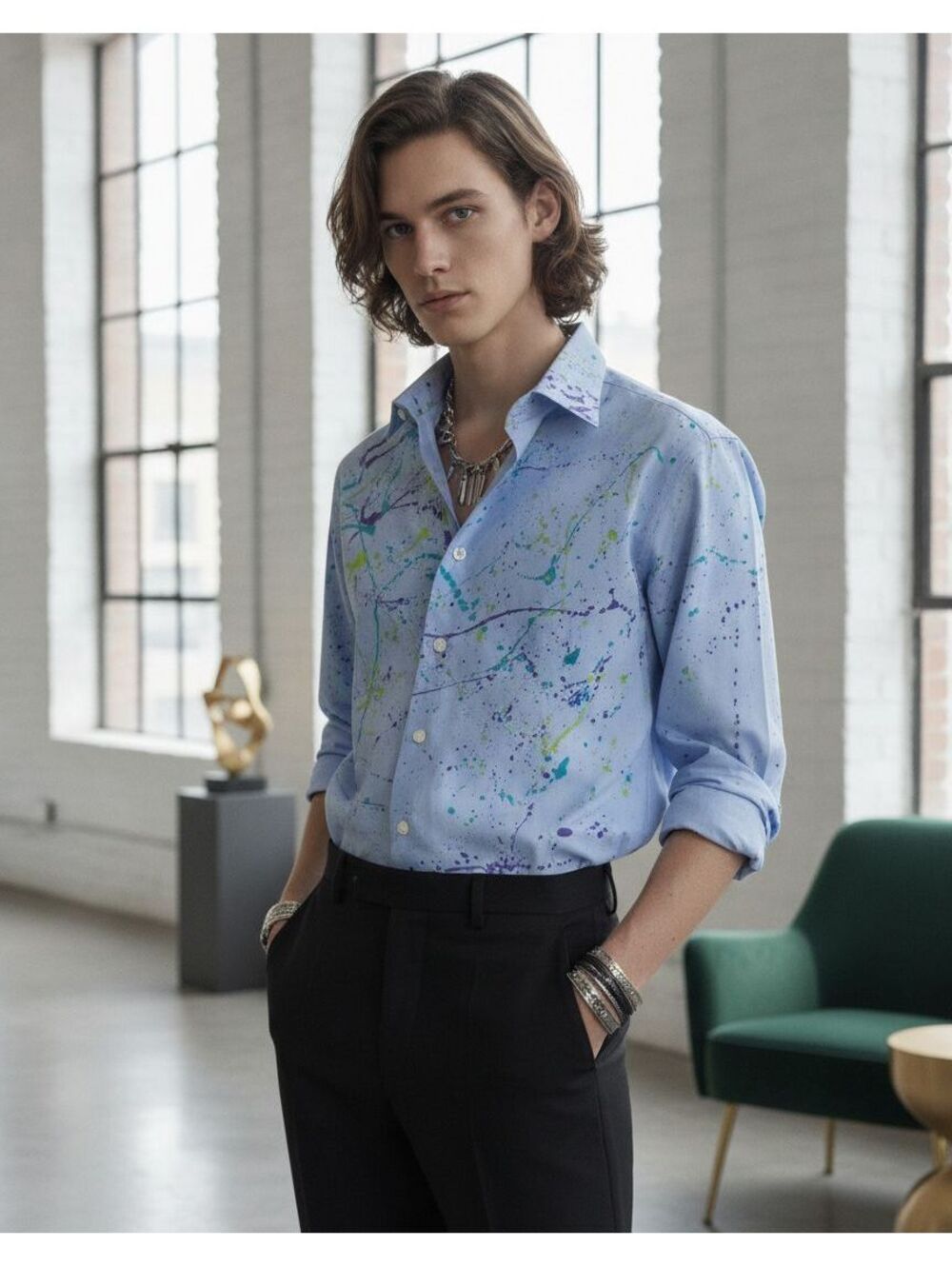 Upcycled Hand Splatter Painted Button Up | Size S
